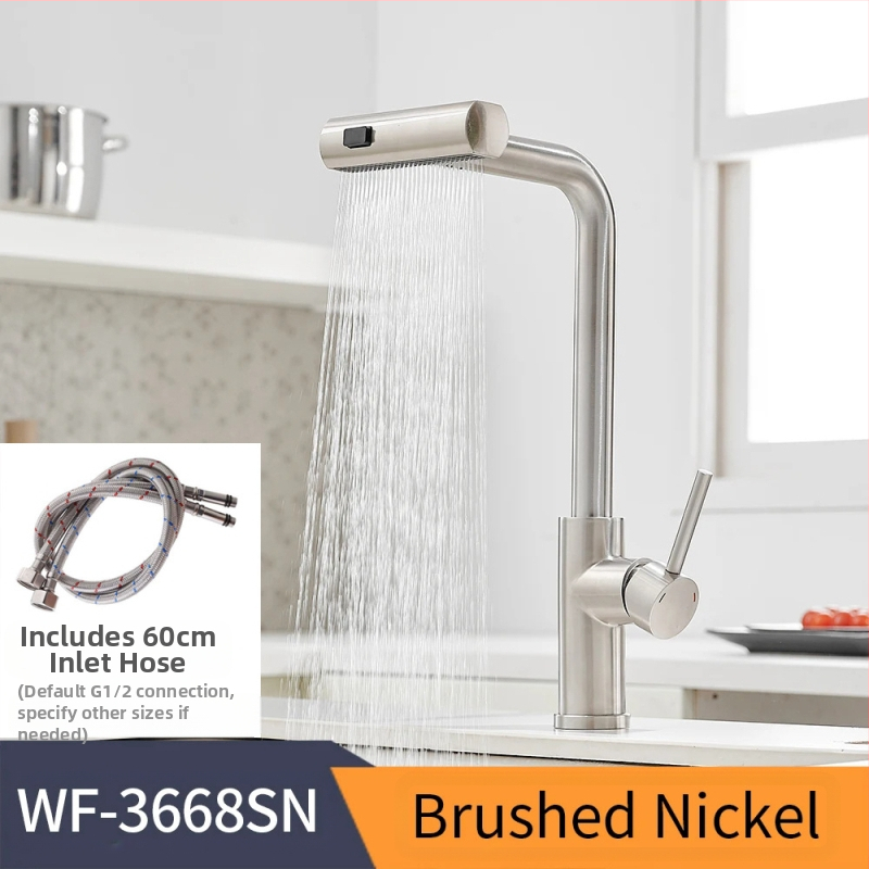 Virtuvės ištraukiamas čiaupas karštam ir šaltam vandeniui, nerūdijantis plienas, šlifuotas paviršius, keramikinis vožtuvo šerdis, modelis 3668