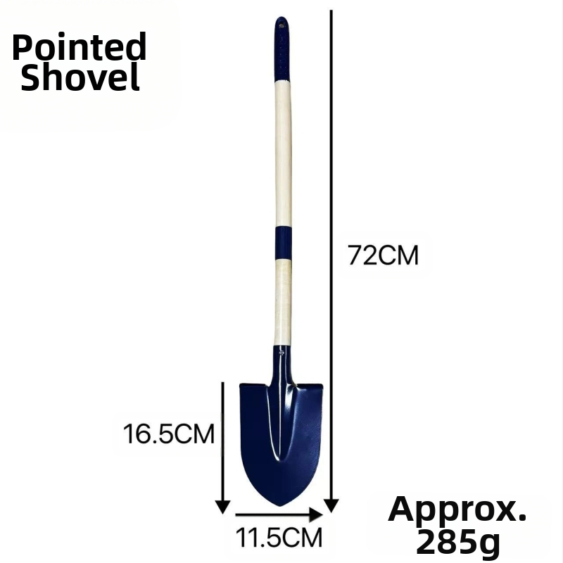 Vaikų kastuvėlių rinkinys smėliui ir sodui – plieninis korpusas, medinė rankena, kastuvėlės galvutės svoris 323 g, tinkamas namų sodo ir lauko žaidimams prie jūros