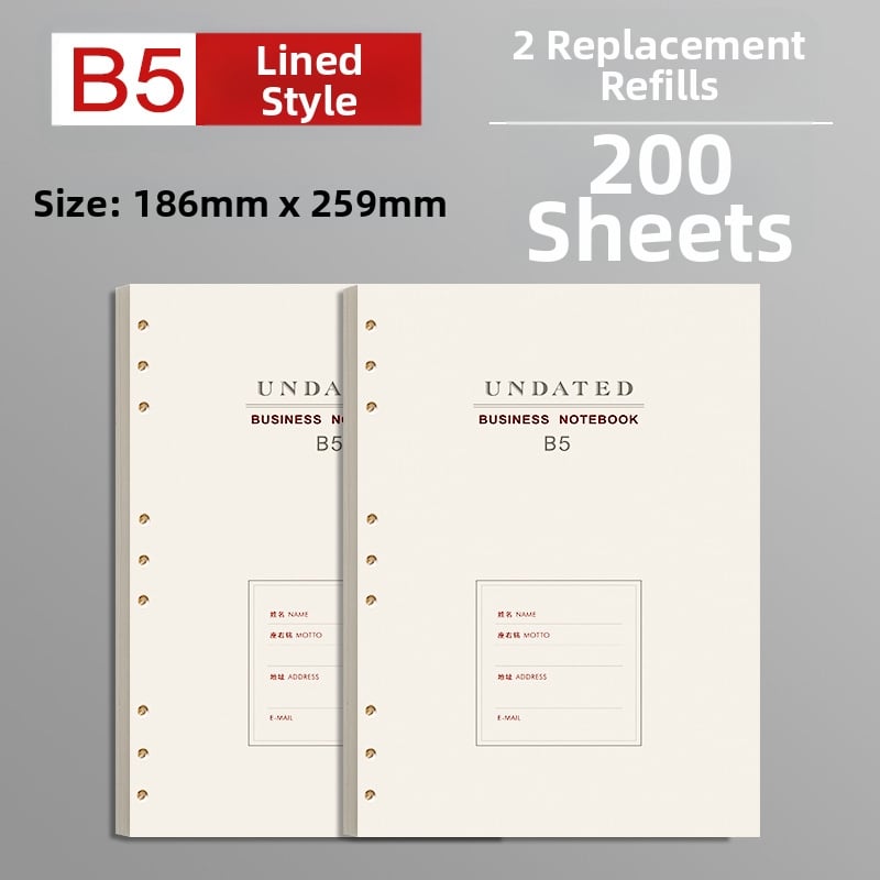 B5 atjaunojamais kodols ar biezām līnijām, 100 lapām, saderīgs ar 6 un 9 caurumiem, iekšējās lapas no Forest papīra