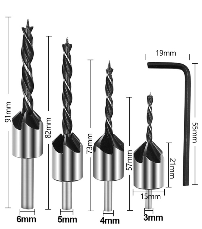 Бур за дърво с три върха от високоскоростна стомана, конусовидна глава и водещ за позициониране