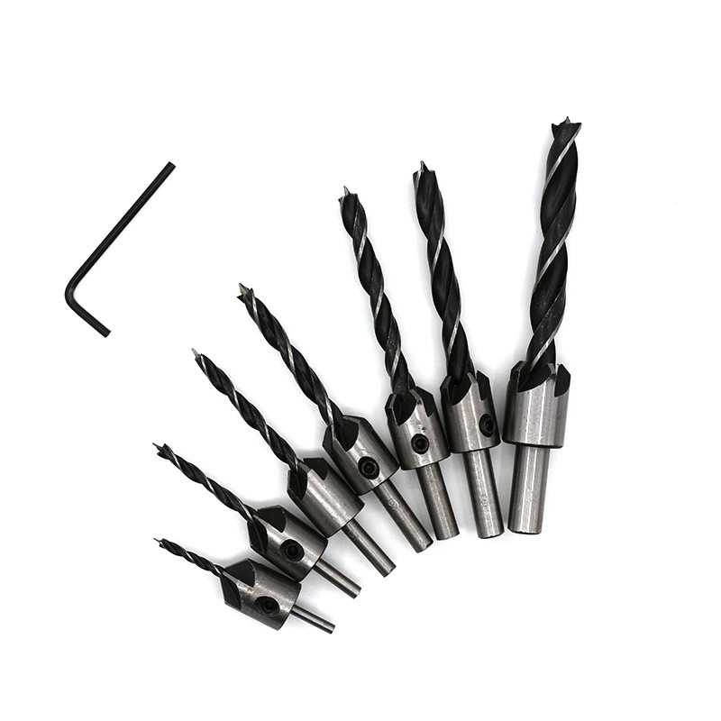 Бур за дърво с три върха от високоскоростна стомана, конусовидна глава и водещ за позициониране