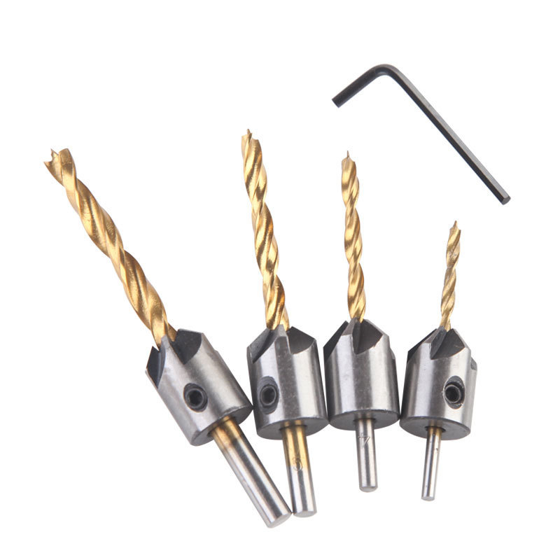 Бур за дърво с три върха от високоскоростна стомана, конусовидна глава и водещ за позициониране
