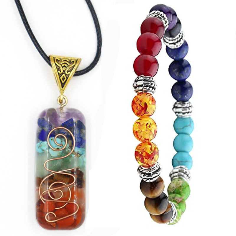 Комплект колие и гривна: висулка луна от кристал агат, кожено въже, дизайн със смола и камъчета, узор звезди/слънце и луна/облаци/вселена