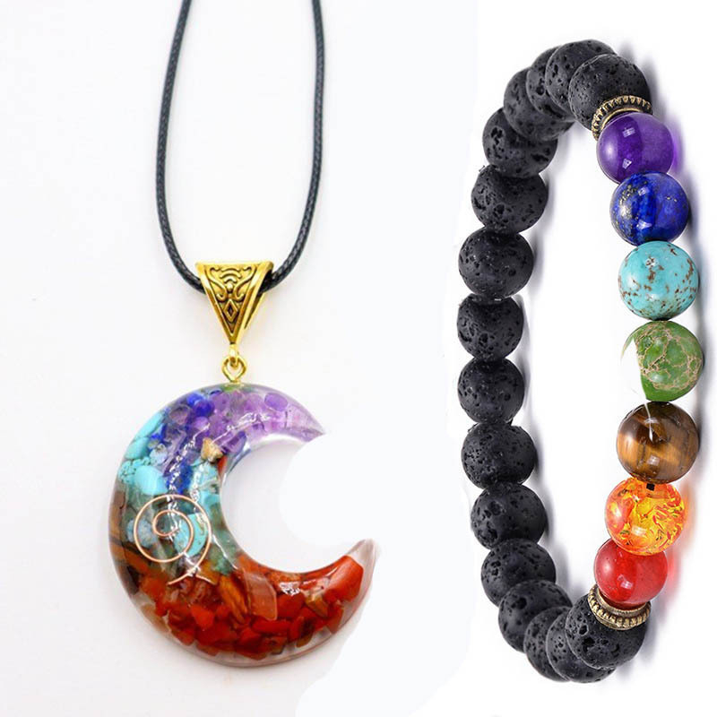 Комплект колие и гривна: висулка луна от кристал агат, кожено въже, дизайн със смола и камъчета, узор звезди/слънце и луна/облаци/вселена