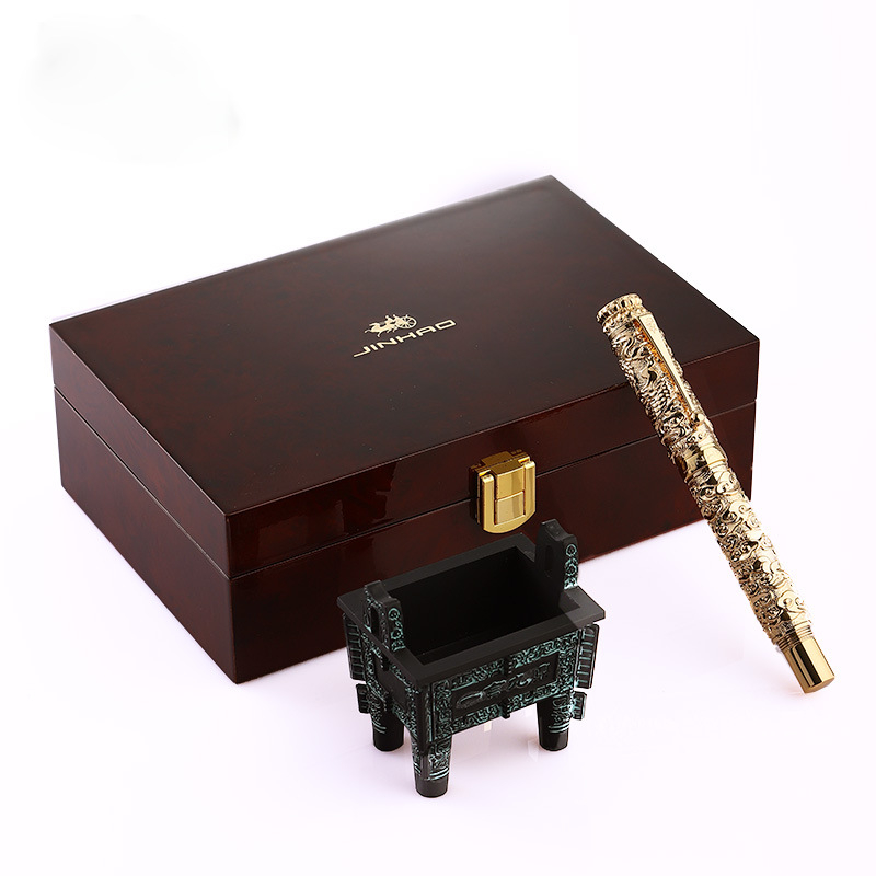 Dovanų rašiklis su retro kinų reljefu, nib 18KGP, metalinis korpusas, modelis Huabao, tintų įsiurbimo sistema