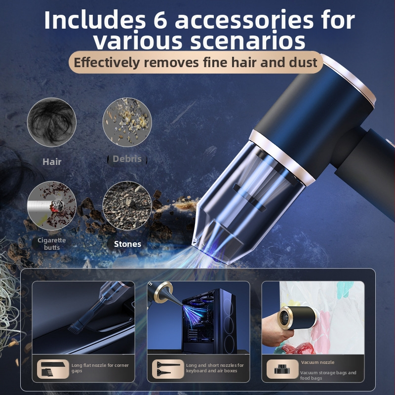Ръчен безжичен вакуум за автомобил с двойна функция засмукване и духане, 120W, ≤36V, вградена батерия 3000–4000 mAh, шум 46–70 dB