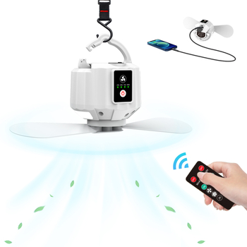 Lauko palapinės ventiliatorius su šviesa, išimami mentelės, nuotolinio valdymo, įmontuota 4000 mAh baterija, 4 greičiai, baterijos veikimo laikas virš 12 valandų