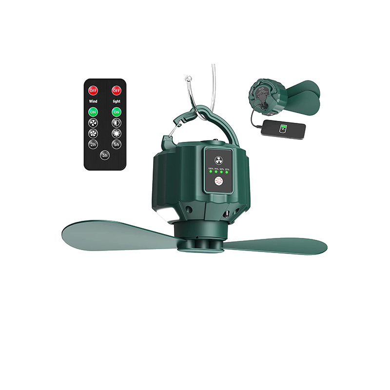Lauko palapinės ventiliatorius su šviesa, išimami mentelės, nuotolinio valdymo, įmontuota 4000 mAh baterija, 4 greičiai, baterijos veikimo laikas virš 12 valandų
