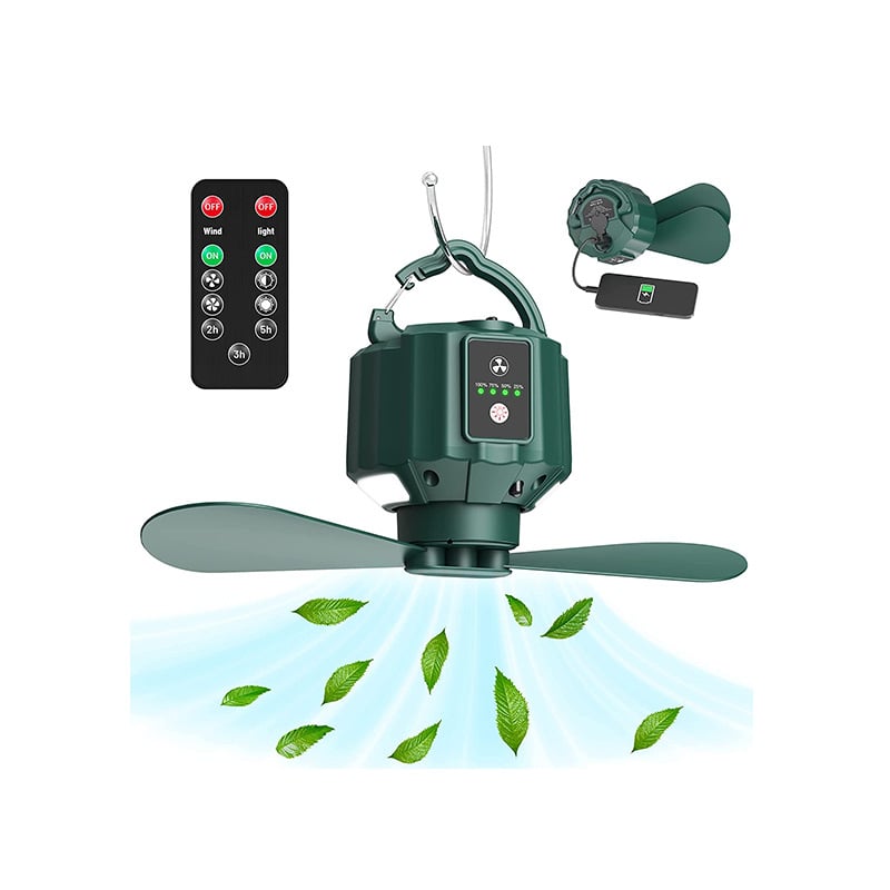 Lauko palapinės ventiliatorius su šviesa, išimami mentelės, nuotolinio valdymo, įmontuota 4000 mAh baterija, 4 greičiai, baterijos veikimo laikas virš 12 valandų