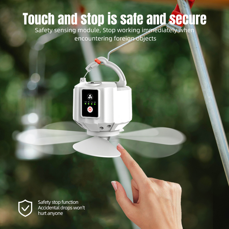 Lauko palapinės ventiliatorius su šviesa, išimami mentelės, nuotolinio valdymo, įmontuota 4000 mAh baterija, 4 greičiai, baterijos veikimo laikas virš 12 valandų