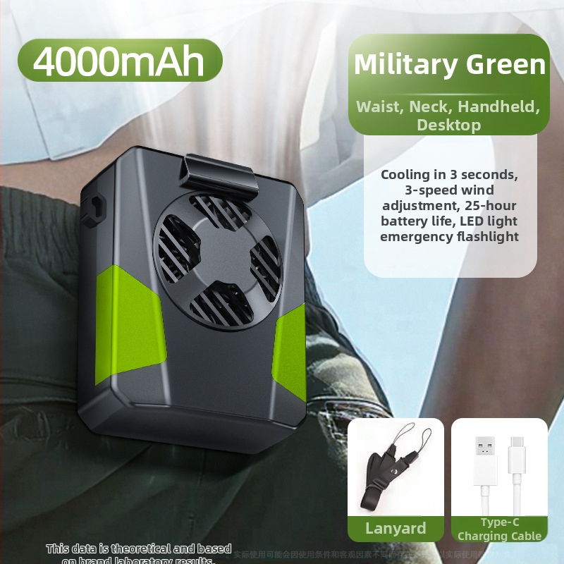 Juosmens ventiliatorius sportui, USB maitinimas, 3 greičiai, triukšmas 36–45 dB, 5V 3W, įmontuota baterija 2000–4000 mAh