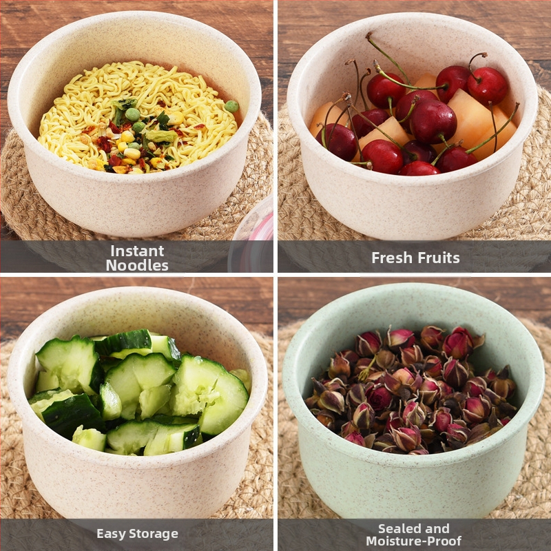 Trodijelni set kutija za obrok s poklopcima, od pšenične slame, okruglog oblika, pogodna za mikrovalnu pećnicu, kapacitet 1–2 L