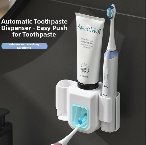 Монтиран на стена мултифункционален комплект за автоматично изстискване на паста за зъби и поставка за четки, без пробиване