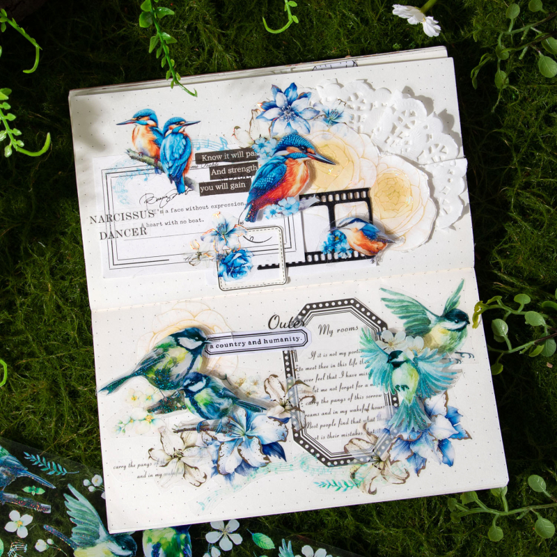 Dekoratīvā PET lente dienasgrāmatai, zvaigžņu ziedu un putnu motīvs, ainavu dizains, drukāts