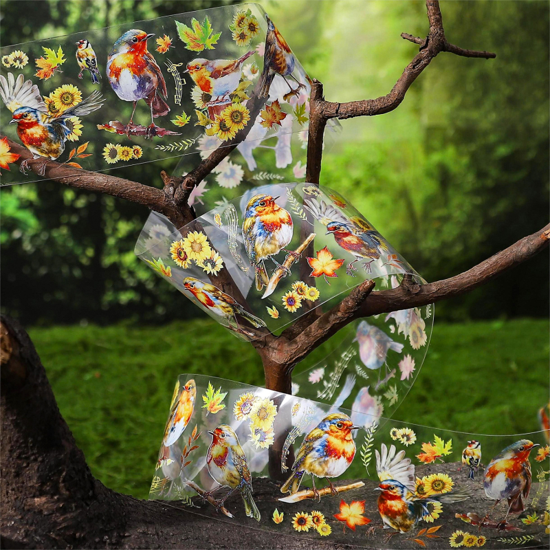 Dekoratīvā PET lente dienasgrāmatai, zvaigžņu ziedu un putnu motīvs, ainavu dizains, drukāts