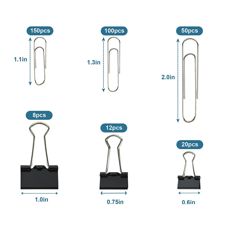 Yokaijia Metalo biuro klipų rinkinys plastikiniame dėkle, įvairių dydžių