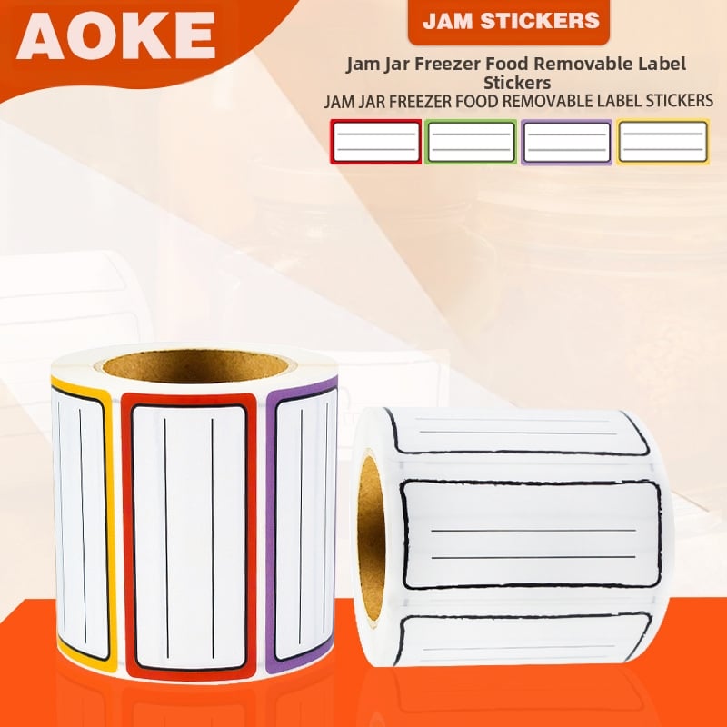 Oke uzlīme etiķete džemu burciņām un saldētavas konteineriem – viegli noņemama, ūdensdroša, bez atlikumiem; sintētiskais papīrs, 85°C izturība, pielāgojama