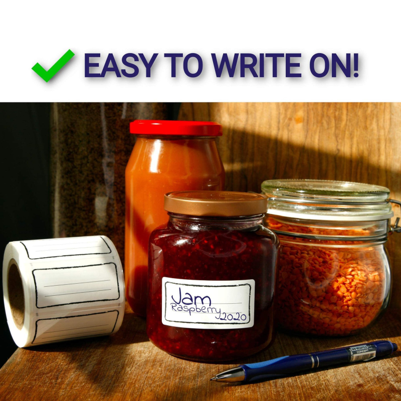 Oke uzlīme etiķete džemu burciņām un saldētavas konteineriem – viegli noņemama, ūdensdroša, bez atlikumiem; sintētiskais papīrs, 85°C izturība, pielāgojama