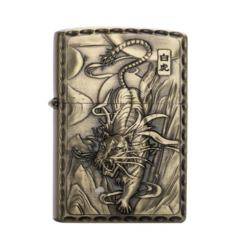 Metāla kerosēna liesmas lāpa ar reljefa dizainu antīkā stilā, mitoloģiskas būtnes: pūķis, tīģeris un Suzaku