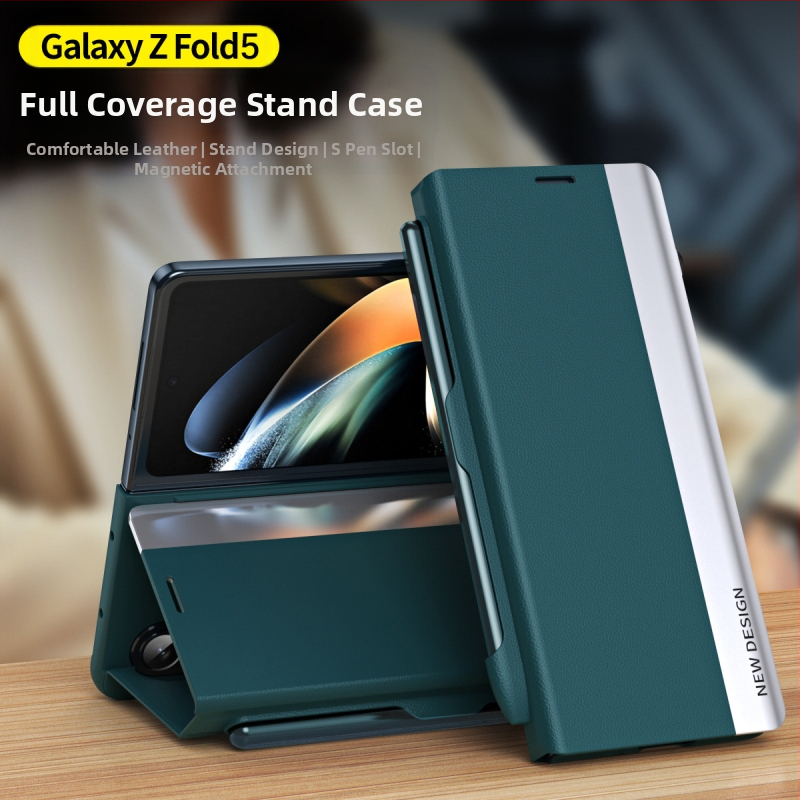 Kožený obal TriFold s výklopným krytom pre Samsung Galaxy Z Fold7/6/5, slot na pero a pero, biznis štýl, proti pádu
