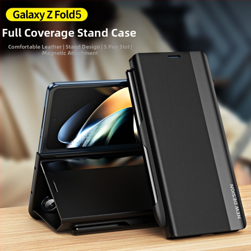 Kožený obal TriFold s výklopným krytom pre Samsung Galaxy Z Fold7/6/5, slot na pero a pero, biznis štýl, proti pádu