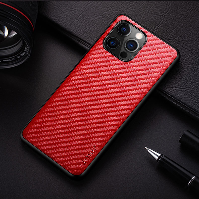 Aizsargfiksators iPhone 14 Pro Max — oglekļa šķiedras tekstūra, PU materiāls, aizmugurējais vāciņš, pielāgošanas atbalsts