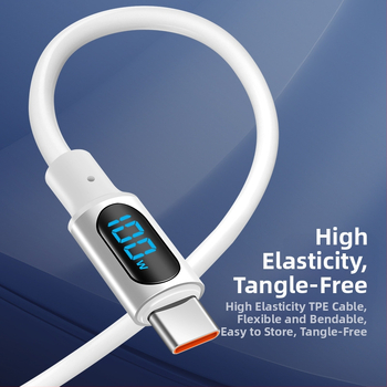 PD бързозаряден кабел с цифров дисплей, Lightning и USB-C, 100W, материал TPE