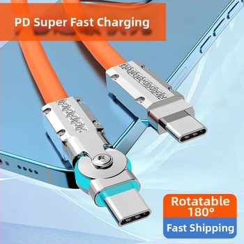 Кабел за данни и зареждане с 180° въртящ се ъгъл, USB‑C и Lightning, силиконова конструкция, единичен изход, 80W макс