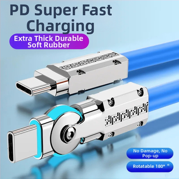 Кабел за данни и зареждане с 180° въртящ се ъгъл, USB‑C и Lightning, силиконова конструкция, единичен изход, 80W макс