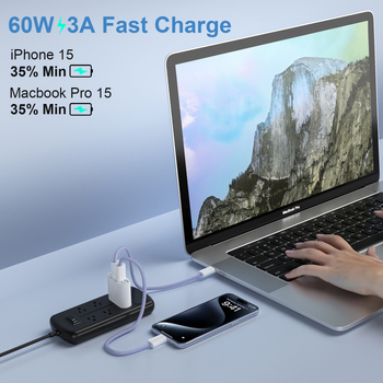 Macaron преплетен USB-C кабел за бързо зареждане, 60W, дължина 1–2 м, нейлонова оплетка