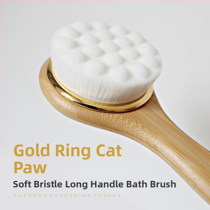 Hosszú nyelű bambusz fürdőecset nylon gyapjú sörtékkel, hátmosó ecset macska tappancs formájú puha sörtékkel, bambuszszénnel exfoláló