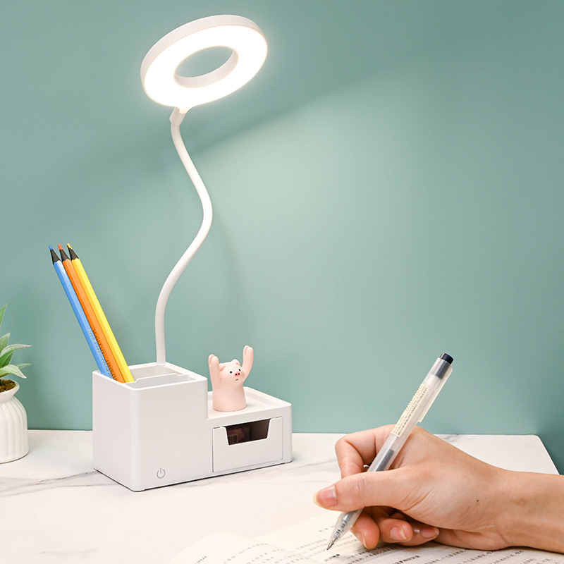 LED настолна лампа за общежитие с гласово управление, USB зареждане, сгъваема конструкция с чекмедже за съхранение, вградена батерия, CRI ≥95