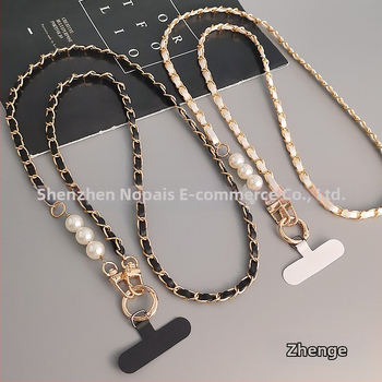 Телефонна каишка за мобилен телефон с дълга кръстосана презрамка, метал + кожа, ръчна изработка, висулка с перлена синджир, марка Zhenge