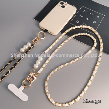 Телефонна каишка за мобилен телефон с дълга кръстосана презрамка, метал + кожа, ръчна изработка, висулка с перлена синджир, марка Zhenge