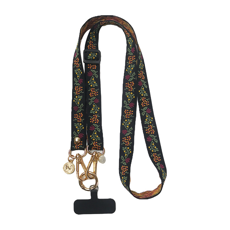 Lanyard pentru telefon mobil cu design brodat de flori, curea reglabilă crossbody, cataramă metalică, făcut manual