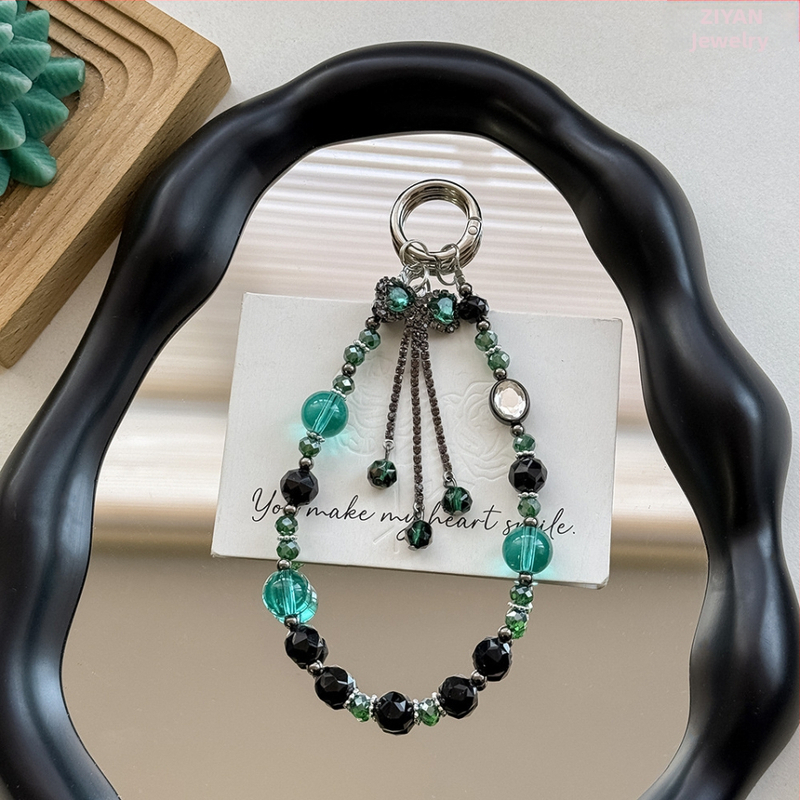 Винтидж кристални мънисти, ръчна изработка, пискюл с панделкова форма за телефон, висулка за чанта, зима 2024