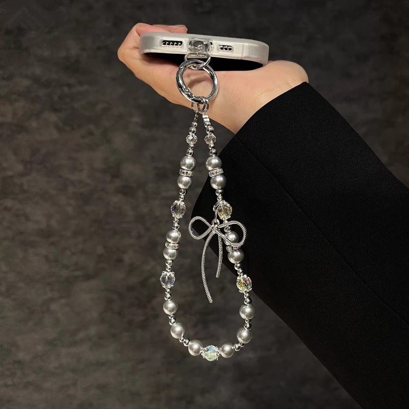 Lănțișor pentru telefon mobil cu mărgele de perle, material din rășină epoxidică, cablu din sârmă, cataramă metalică, unisex