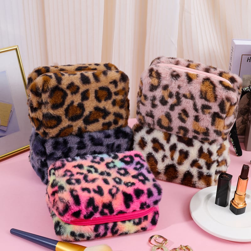 Besya husă de machiaj leopard pluș, formă octagonală, respirabilă și antibacteriană, căptușeală poliester-cotton