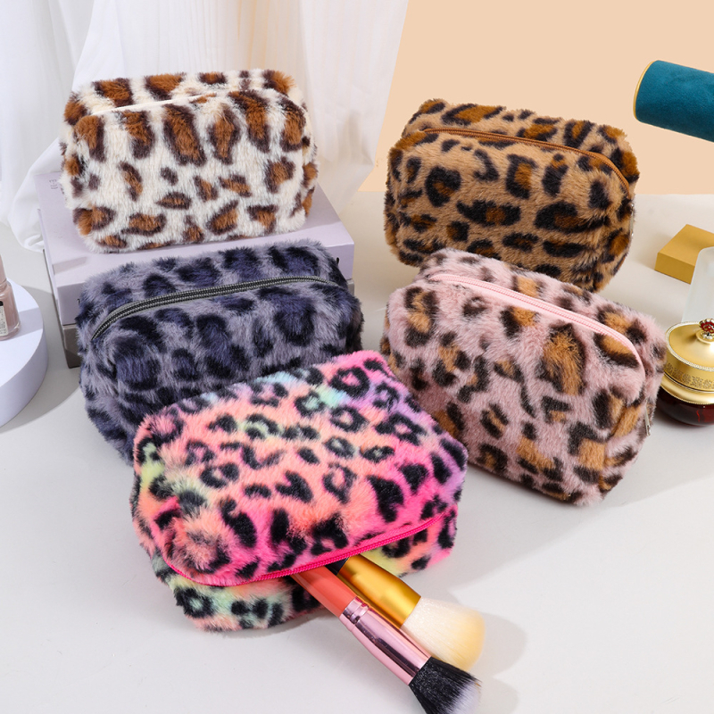 Besya husă de machiaj leopard pluș, formă octagonală, respirabilă și antibacteriană, căptușeală poliester-cotton