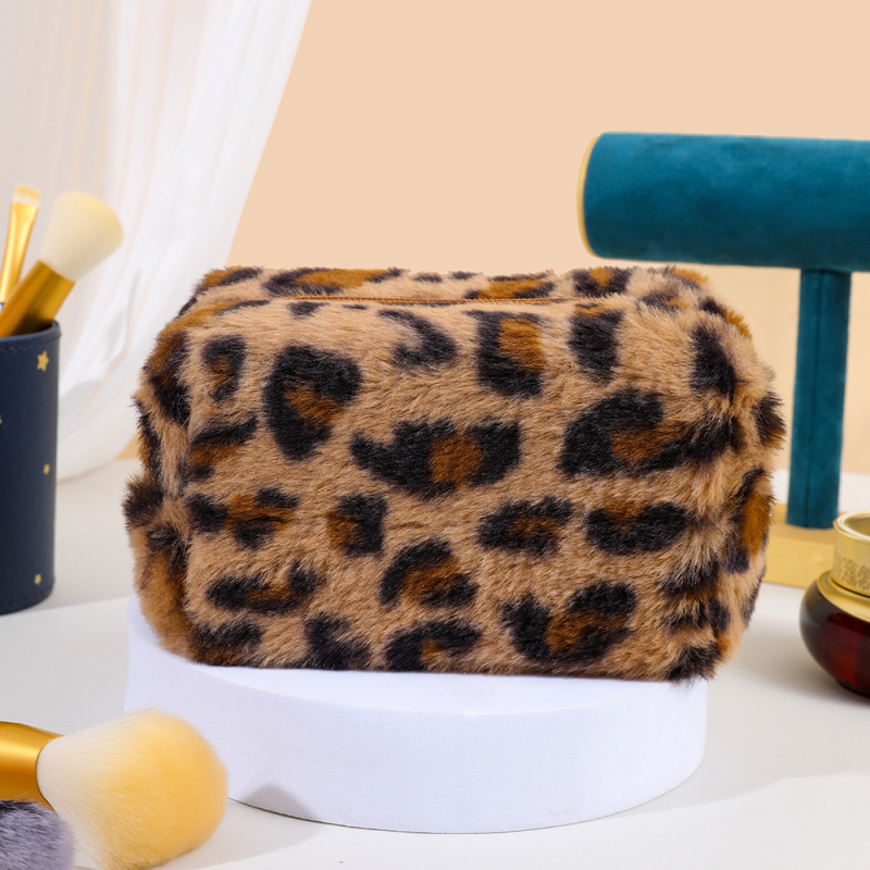 Besya husă de machiaj leopard pluș, formă octagonală, respirabilă și antibacteriană, căptușeală poliester-cotton