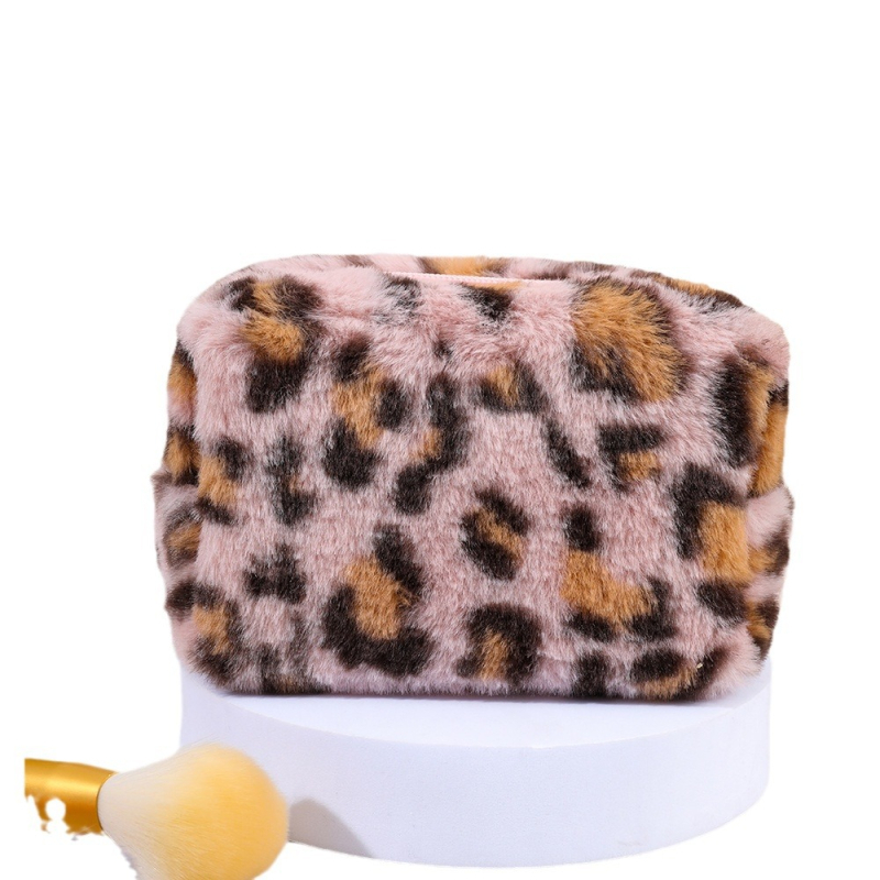Besya husă de machiaj leopard pluș, formă octagonală, respirabilă și antibacteriană, căptușeală poliester-cotton