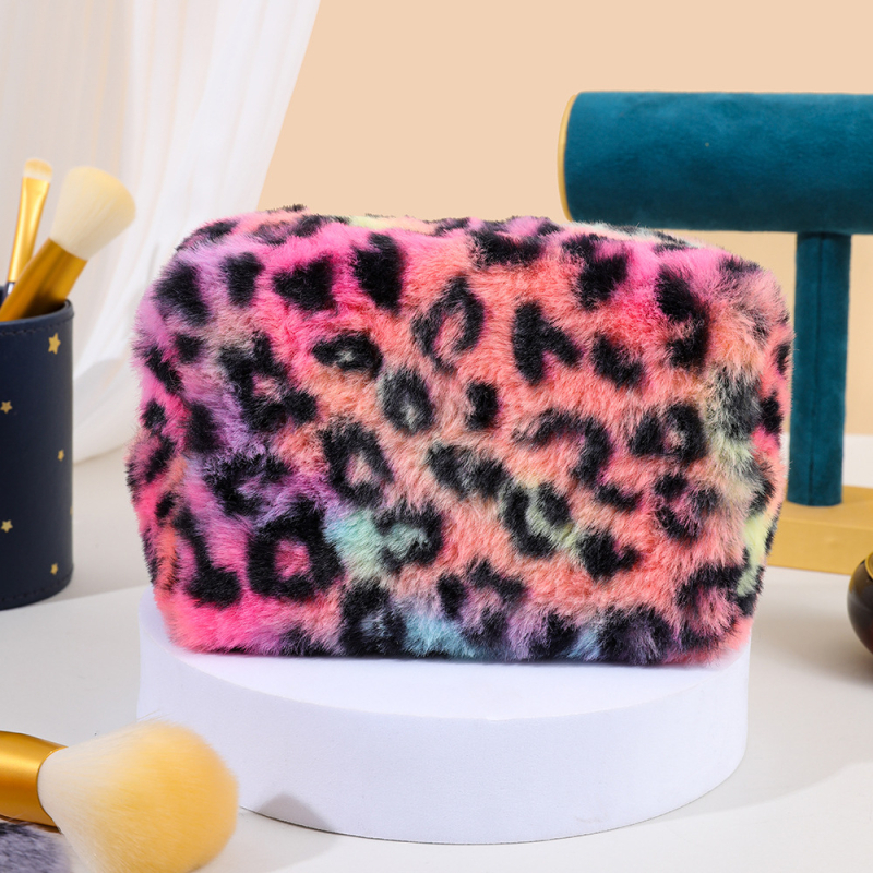 Besya husă de machiaj leopard pluș, formă octagonală, respirabilă și antibacteriană, căptușeală poliester-cotton