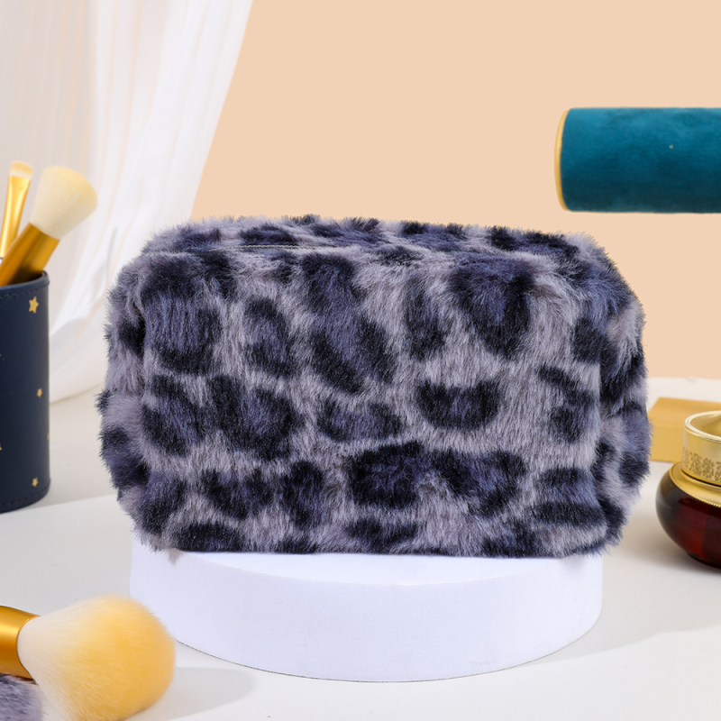 Besya husă de machiaj leopard pluș, formă octagonală, respirabilă și antibacteriană, căptușeală poliester-cotton