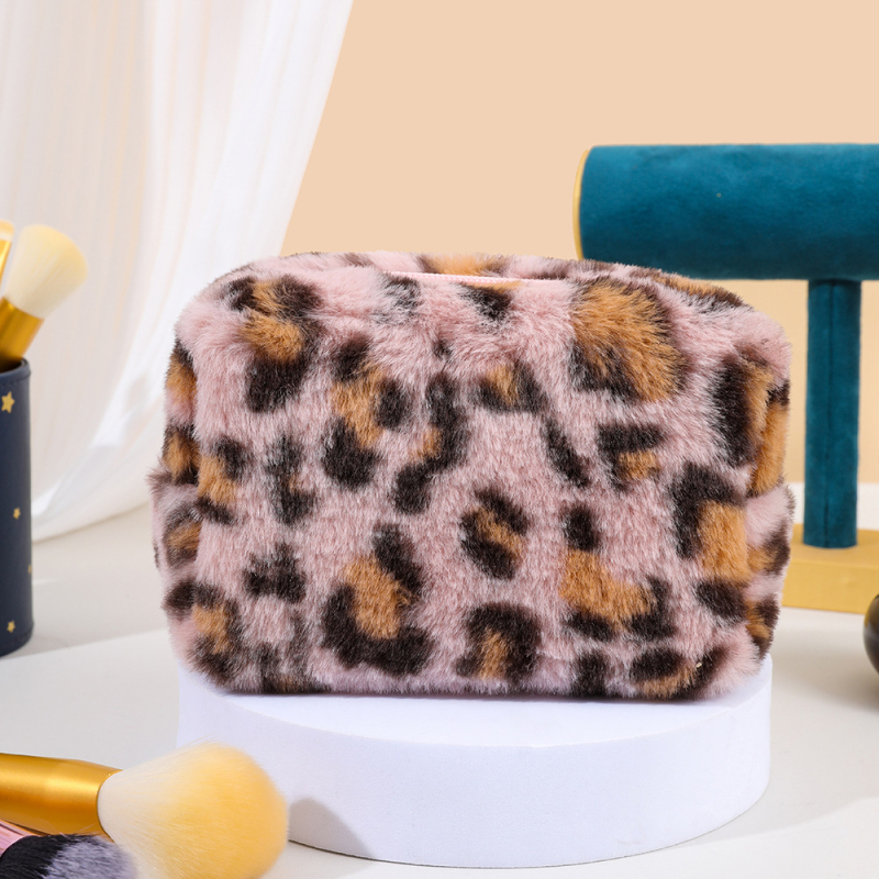 Besya husă de machiaj leopard pluș, formă octagonală, respirabilă și antibacteriană, căptușeală poliester-cotton