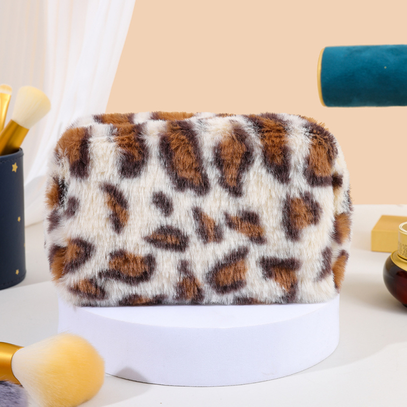 Besya husă de machiaj leopard pluș, formă octagonală, respirabilă și antibacteriană, căptușeală poliester-cotton