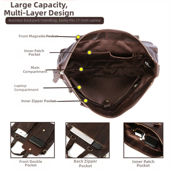 Мъжка кожена презрамкова чанта за бизнес пътуване, горен слой кожа, подплата полиестерно-памучна, подходяща за делови пътувания