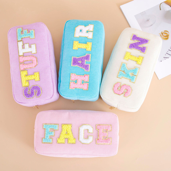 Corduroy чанта за грим с буквена бродерия – ултралека, дамска пътническа чанта за козметика и тоалетни принадлежности