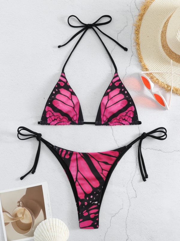 Set de bikini din două piese cu bretele subțiri, design sexy fără spate, material poliester 82%, cu bureți la bust, potrivit pentru înot.