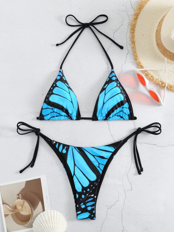 Set de bikini din două piese cu bretele subțiri, design sexy fără spate, material poliester 82%, cu bureți la bust, potrivit pentru înot.