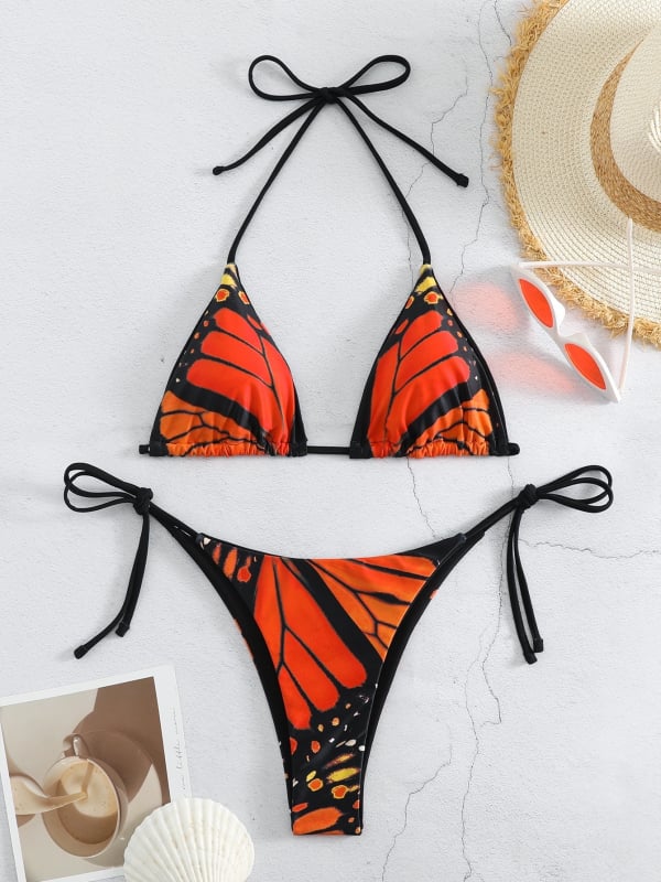 Set de bikini din două piese cu bretele subțiri, design sexy fără spate, material poliester 82%, cu bureți la bust, potrivit pentru înot.